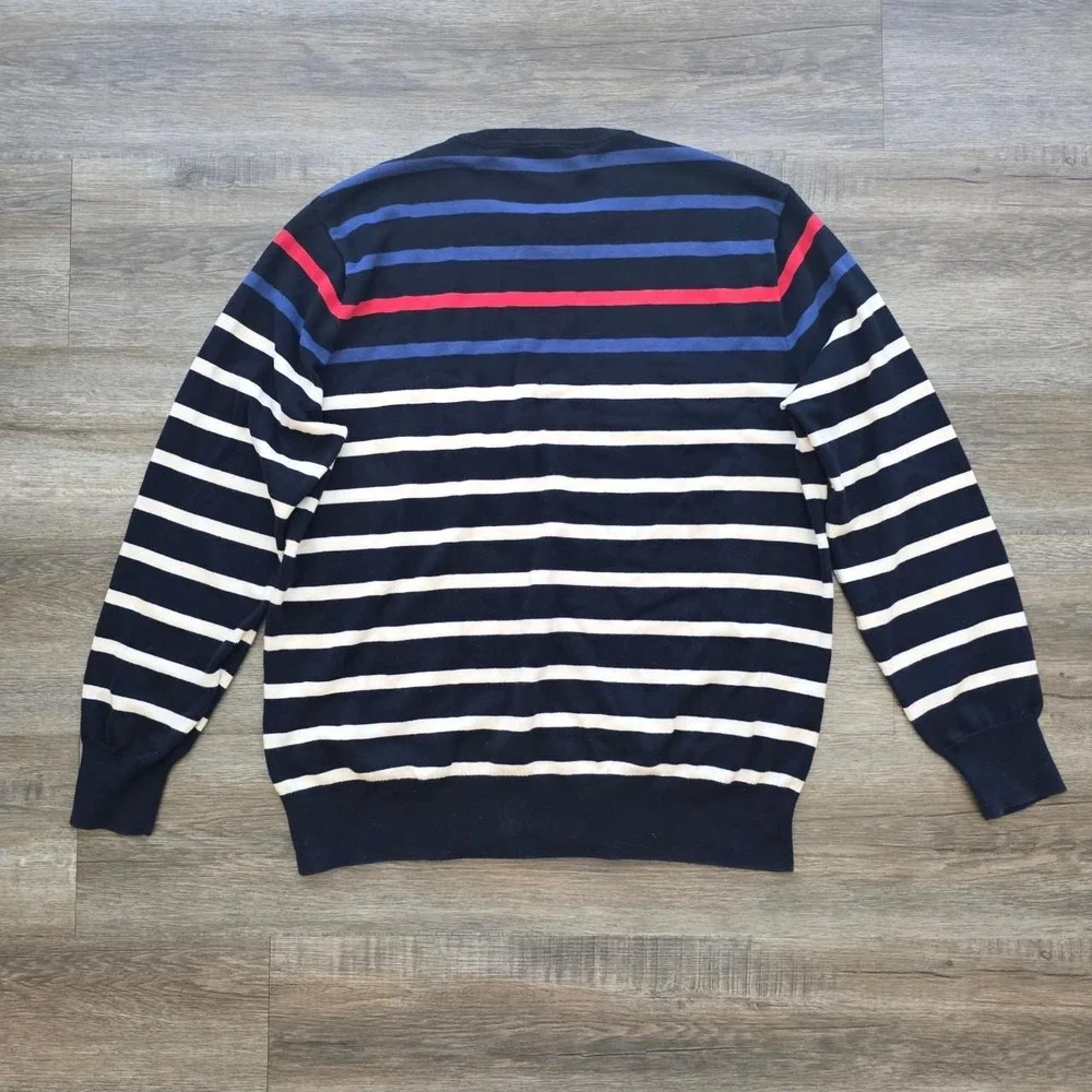 J.Crew Mens XL Striped Cotton Crewneck Sweater Navy Blue Red White Preppy